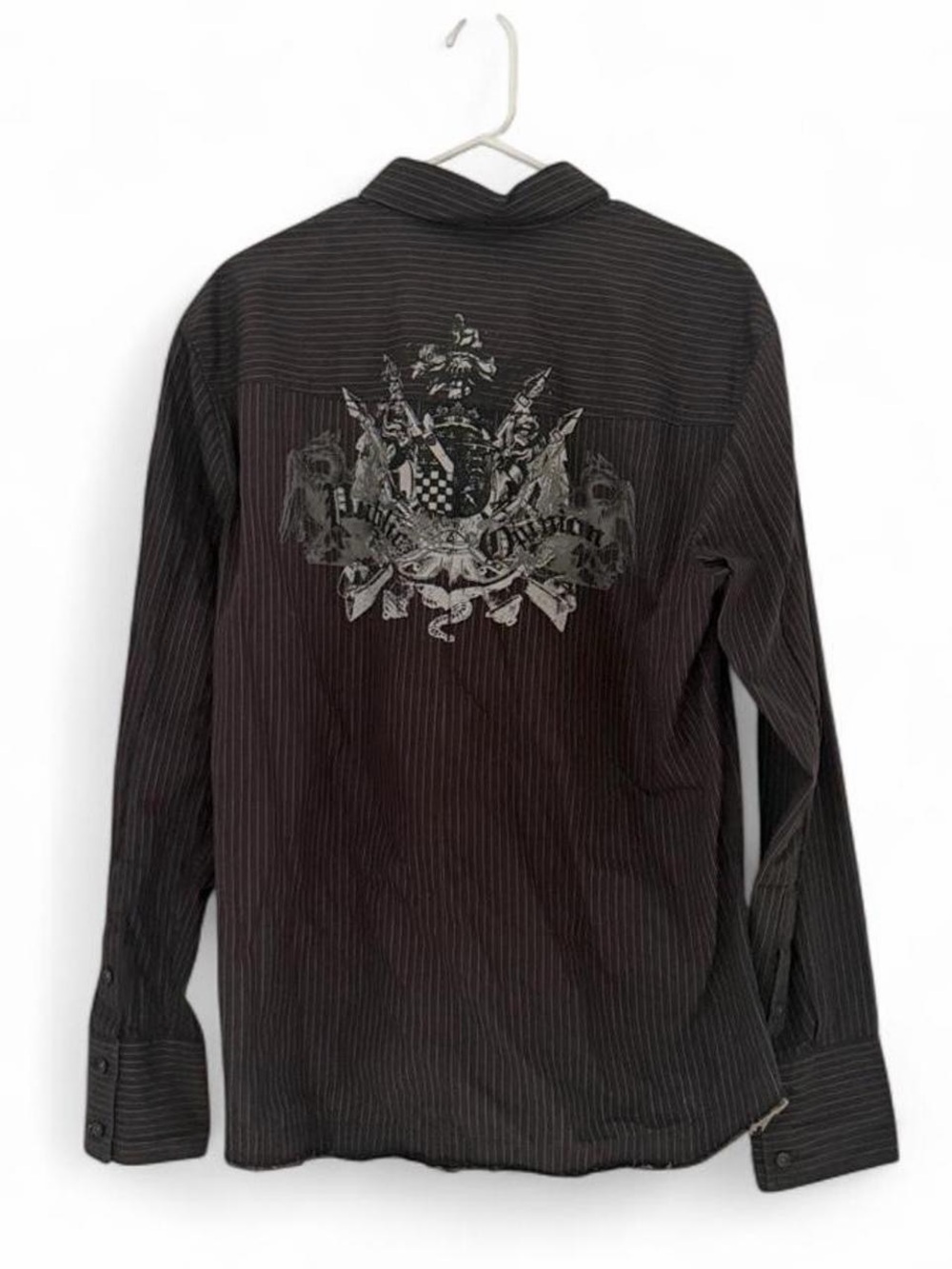 Y2K Public Opinion Distressed Pinstripe Graphic men’s shirt - Size L